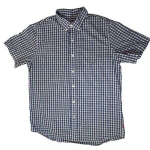IZOD Mens Blue Gingham Plaid Short Sleeve Button Down Poplin Shirt Large 45SW332